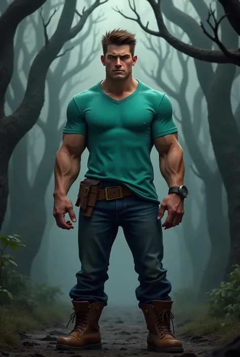 A human male with a realistic body, wearing the iconic clothing of Steve from Minecraft. He has a teal short-sleeve shirt, dark blue jeans, and rugged brown boots, but his proportions are that of a real person, with muscular arms and a well-defined physiqu...