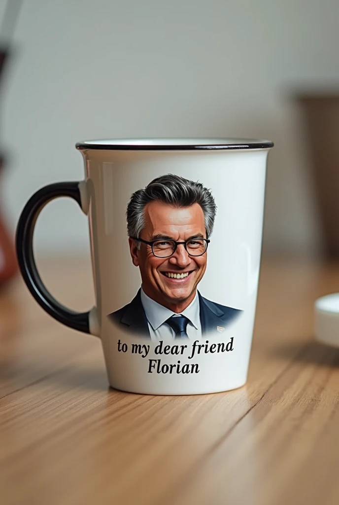 Create a mug with the photo of Jean Luc Melenchon. On the mug there is a dedication where it is written " To my dear friend Florian" 
