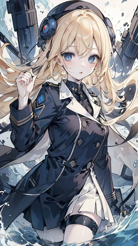 blonde girl, delicate eyes, and pale skin,black military uniform+navy blue trench coat. Blue electricity swirled around her body. A swarm of electric eels made of water flies around her.