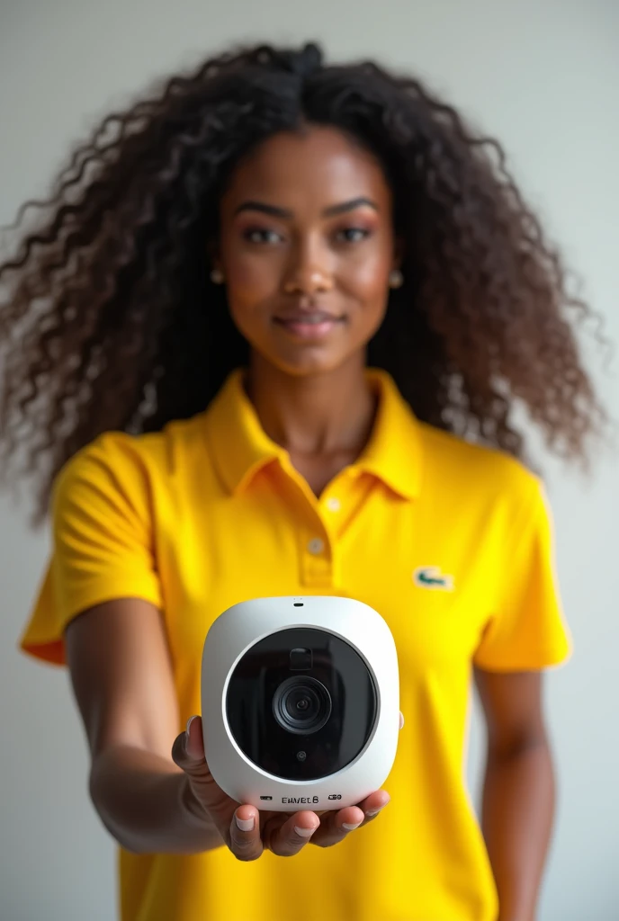 Create a photo of a responsible black brunette model with flying hair, wearing a lacoste yellow collared t-shirt holding a Hikvision security camera