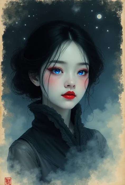 Ink Painting、Old paper texture、Damaged Paper、Old style、Faded color、Thick Fog、composition、Golden Ratio、Functional、grace、detail、background、Paintings from the Edo period、backgroundは黒一色の夜空に、Her face pops up。Only the lips are highlighted in red.、There&#39;s a b...