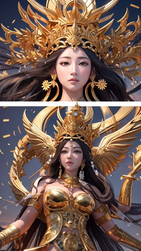 Close-up of a female figure with a crown on her head, Kannon, Unreal Engine Rendering + a goddess, Sculpture made of gold, 3 d goddess portrait, goddess. Extremely high detail, Kannon of the southern seas, A beautiful depiction of the Tang Dynasty, golden ...