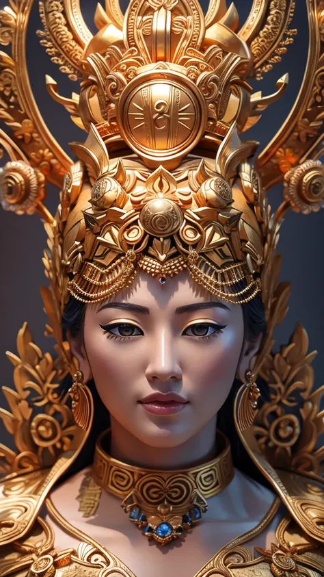 Close-up of a female figure with a crown on her head, Kannon, Unreal Engine Rendering + a goddess, Sculpture made of gold, 3 d goddess portrait, goddess. Extremely high detail, Kannon of the southern seas, A beautiful depiction of the Tang Dynasty, golden ...