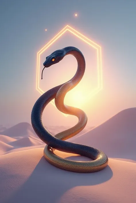 A blue and lilac background, with the sun shining on golden geometries in the background. Two Desert Serpents spiraling upward, one over the other. One snake is black and the other is gold. 