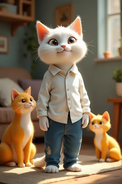 White cat standing on two legs AI cat white cat with clothes same like boy (white shirt and blue jeans) Image: A cozy room with the yellow malecat, yellow femalecat, and yellow kitten sitting together happily.
