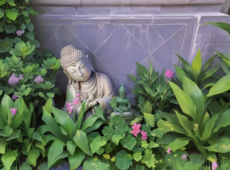 there is a statue of a buddha sitting in a garden, unknown artist, hyacinth blooms surround her, an exhausted deity, contemplative, peaceful expression, delightful surroundings, buddha, stone statue, thoughtful pose, next to a plant, inspired by Li Di, con...