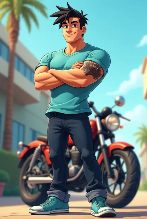 A guy 20 years with black  hairs , with slight bulk body and wearing a light blue tshirt and light blue shoes and black jeans ,with bulk body ,standing in front of bike ,and having a bull tatto on his right arm ,with  face,in animated version oval