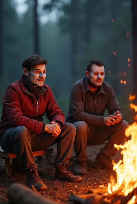 (photorealism:1.2), 3 polish men with masks sitting next to campfire