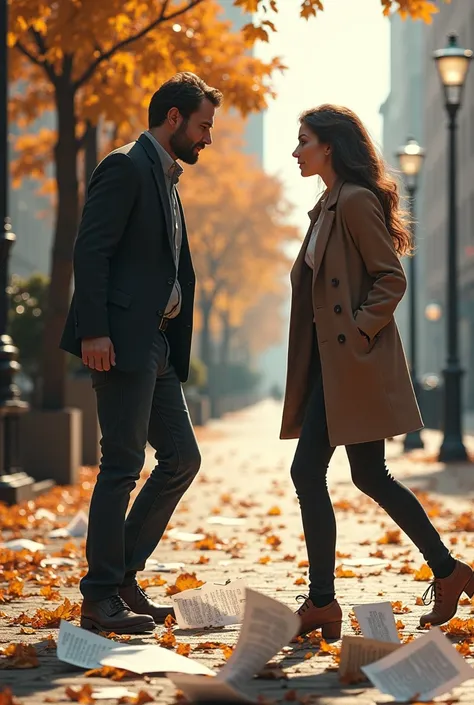 (photorealism, masterpiece, best quality, top quality) a man and a woman accidentally collided on the street, autumn weather, documents scattered everywhere.