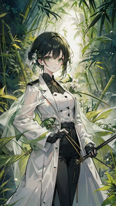 Green and black hair，dark green eyes，white military uniform+Green trench coat，turtle，Bamboo sticks