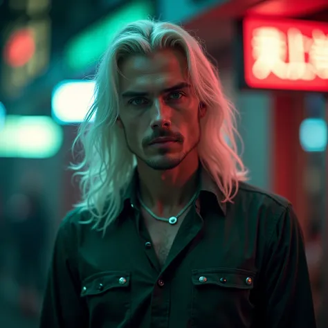 1 man with long white hair, black eyes, dark green shirt, with buttons, in the blurred background with neon lights photography with high quality.