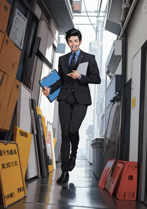 masterpiece, detailed, 8K, man, laughing, running, short hair, black hair, 20-year-old, Business suit, straight tip, clipboard in hand,no background, 2d anime, full body shot