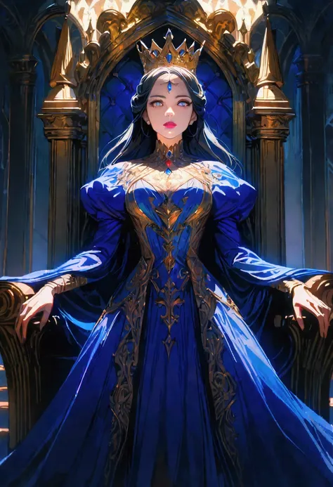 a queen, beautiful detailed eyes, beautiful detailed lips, extremely detailed eyes and face, long eyelashes, intricate crown, flowing royal gown, elegant posture, majestic presence, castle backdrop, ornate throne, dramatic lighting, rich colors, digital pa...