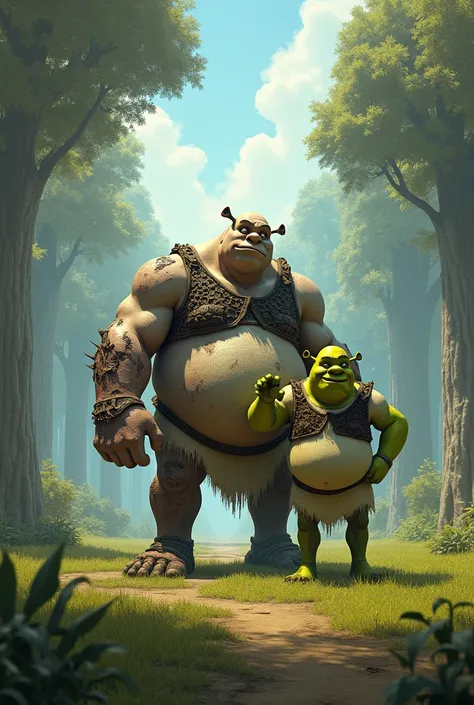 pudge from dota 2 with shrek on a big clearing