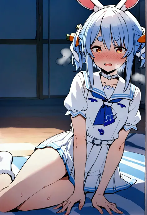 NSFW,masterpiece,Best Quality,High resolution,Very detailed,One girl,Usada Pekora(Hololive),Orange Eyes、Thick eyebrows、Bunny ears、Blue Hair、Short Hair、Two Side Up、Hair Clip、White choker、Sailor suit、Short dress、Short sleeve、Blue neckerchief、White belt,Schoo...