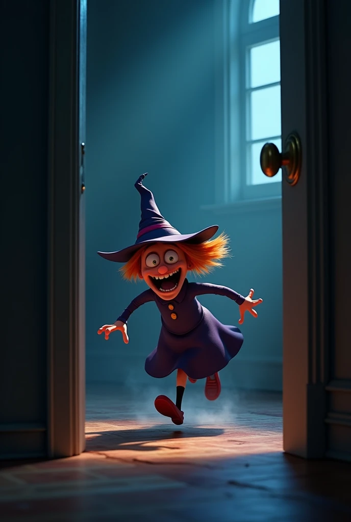 The image is a 3D Pixar-style witch is running inside the room with her mouth open.The background is dark and the overall mood of the image is drankness and serene.The illustration is done in a 3D-like style with bright colors and exaggerated features.