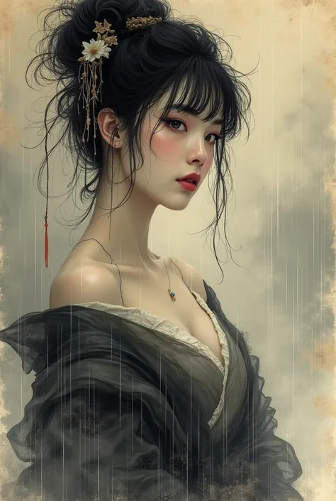 Ink Painting、Old paper texture、Damaged Paper、Old style、Faded color、Courtesan of Edo、Thick Fog、composition、Golden Ratio、Functional、grace、detail、background、Soft colors、Blurred Lines、黒い雨が降り注ぐbackgroundに、Her wet skin and lips are painted red.。Blue eyes reflect...