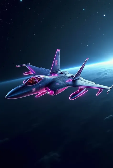 F-15 eagle flying in space with neon on the chassis