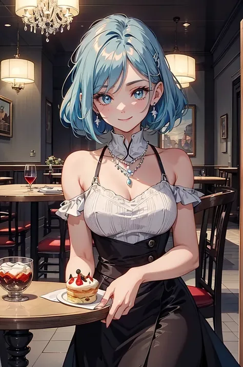 vibrant colors, mature female, masterpiece, sharp focus, best quality, depth of field, cinematic lighting, (anime screencap:1.4), hairpin, black hair, gray eyes, white pearl necklace, elegant clothes, smile, food, drinks, table, delicious-looking dishes, d...