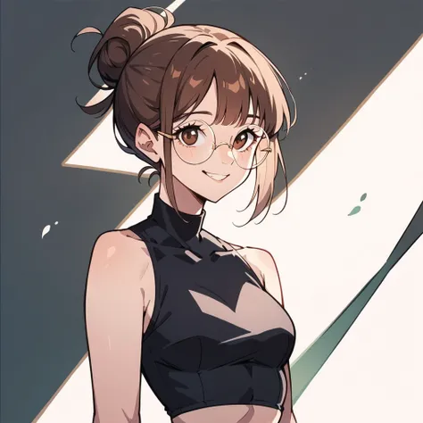 white girl, highly detailed black round glasses, black top, brown eyes, hair up, brown hair color, smiling, bangs