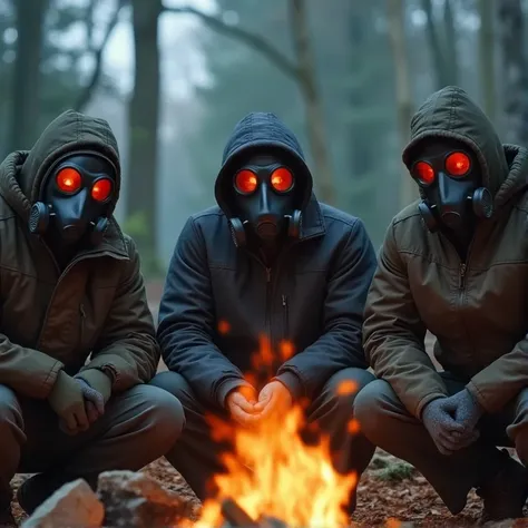 (photorealism:1.2), 3 polish men with faces covered with gas masks sitting next to campfire