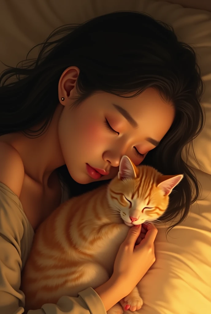 Medium close-up portrait of a 2 Asian beautiful woman sleeping while cuddling a cat. The scene is set in golden yellow tones, creating a gentle and calming atmosphere. The womans face is relaxed in a peaceful sleep, while the cat is resting comfortably, ad...