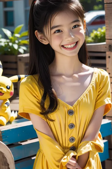 In a playful setting, a young kindergarten girl, around , is wearing an adorable Pikachu costume. The bright yellow suit is soft and fluffy, with Pikachu’s signature ears and red cheeks perfectly recreated on the hood that rests atop her head. She beams wi...