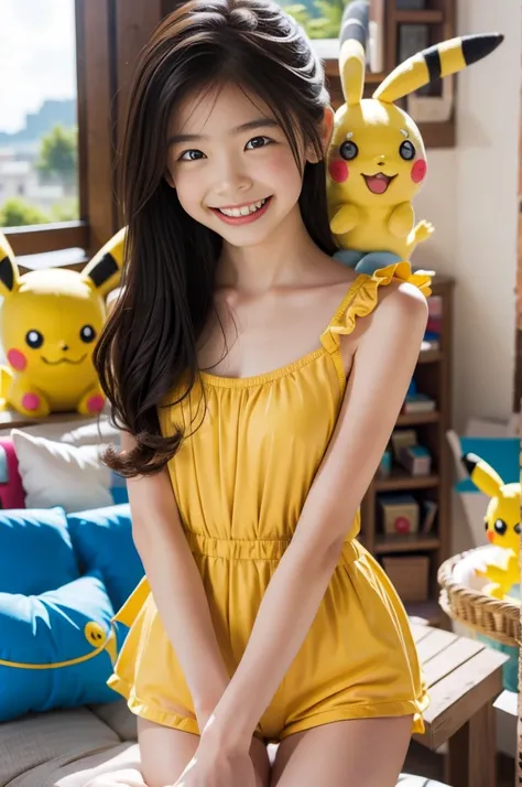 In a playful setting, a young kindergarten girl, around , is wearing an adorable Pikachu costume. The bright yellow suit is soft and fluffy, with Pikachu’s signature ears and red cheeks perfectly recreated on the hood that rests atop her head. She beams wi...