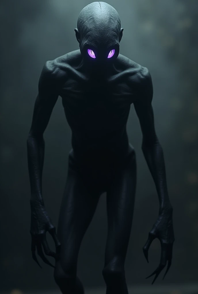 A humanoid being with black skin and purple eyes resembling SCP-096