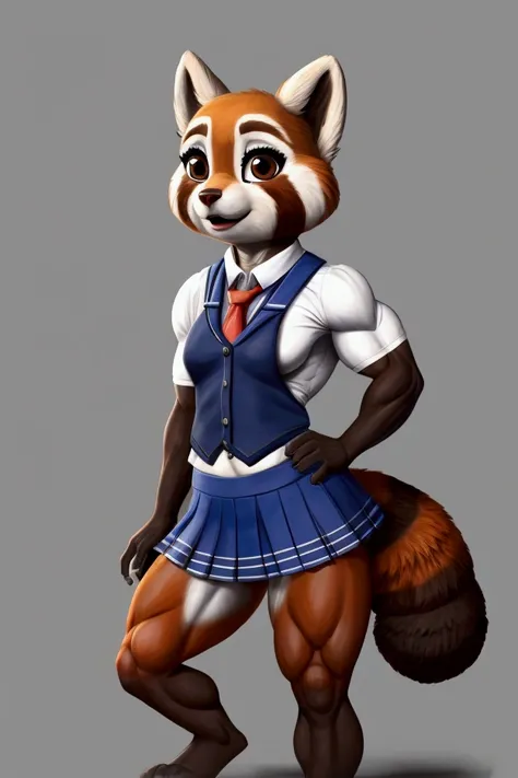 Little female red panda with muscles and cute brown eyes and is wearing a school uniform with a full body mini skirt and is  and is already a bodybuilder.