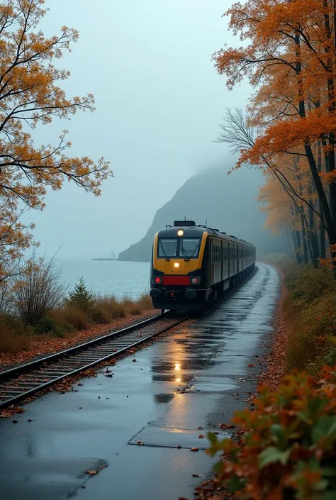 (best quality, masterpiece,perfect anatomy:1.2),ultra detailed,Scenery of a train running by the seaside、The road is wet from the rain,秋