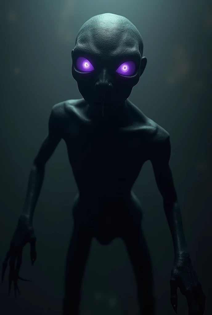 A humanoid being with black skin and purple eyes resembling SCP-096