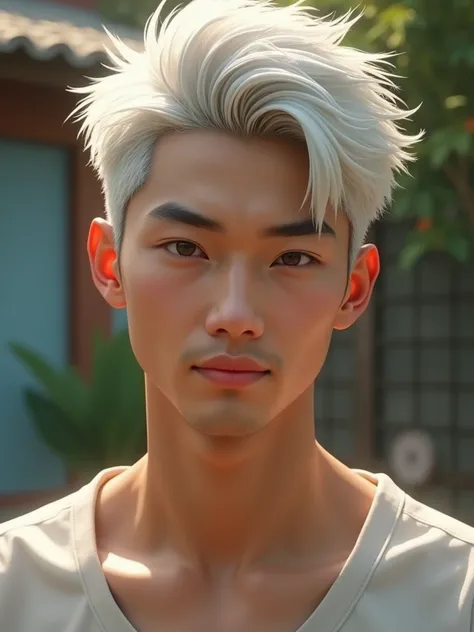 A young asian man, short white hair, slim, attractive to women, extremely detailed, hyper realistic, highly detailed, high quality, anatomically correct, precise, high resolution, masterpiece, photorealistic, soft lighting, fuji colors, everyday life