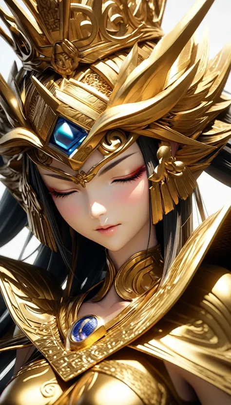 Close-up of a female figure with a crown on her head, Kannon, Unreal Engine Rendering + a goddess, Sculpture made of gold, Facing forward, Eyes closed, 3 d goddess portrait, goddess. Extremely high detail, Kannon of the southern seas, A beautiful depiction...