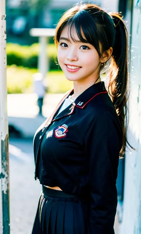 (1girl, a gorgeous lady, 22yo, wearing a navy sailor uniform, white shirt, navy pleated skirt, navy bow, JK uniform, Serafuku, Seifuku, big JK ribbon,

Beautiful detailed face, beautiful facial features, realistic eyes and face details, red lipstick makeup...