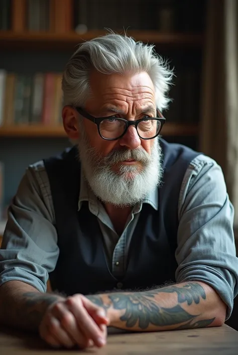 A middle aged man, white hair and beard, square glasses and arm tattoos 