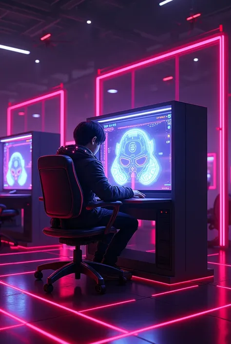 Futuristic LAN house, by night, where the environment is illuminated only by the intense glow of neon lights in shades of purple and red. sitting in a booth, a young adult interacts with a floating holographic screen, while wearing a coat with LED details ...