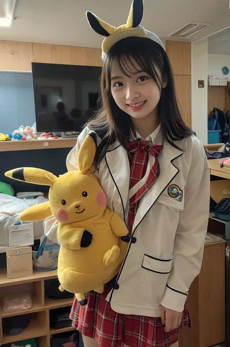 In a playful setting, a young kindergarten girl, around , is wearing an adorable Pikachu costume. The bright yellow suit is soft and fluffy, with Pikachu’s signature ears and red cheeks perfectly recreated on the hood that rests atop her head. She beams wi...