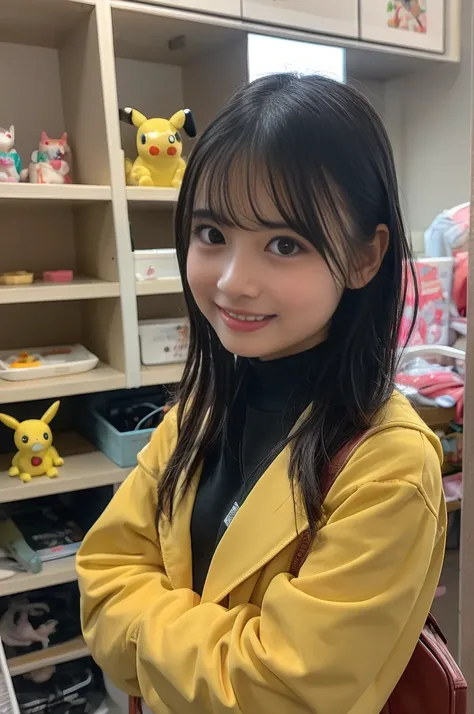 In a playful setting, a young kindergarten girl, around , is wearing an adorable Pikachu costume. The bright yellow suit is soft and fluffy, with Pikachu’s signature ears and red cheeks perfectly recreated on the hood that rests atop her head. She beams wi...