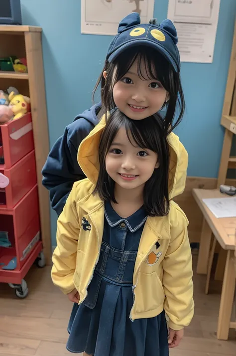 In a playful setting, a young kindergarten girl, around , is wearing an adorable Pikachu costume. The bright yellow suit is soft and fluffy, with Pikachu’s signature ears and red cheeks perfectly recreated on the hood that rests atop her head. She beams wi...