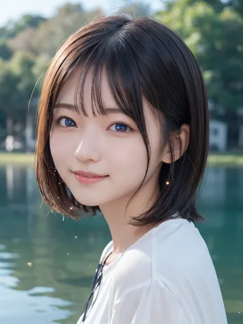 One Woman, (Beautiful woman, Delicate face:1.3),20 years old:1.3),
White clothes、 (On the Lake:1.3),
 (Glowing Particles Background:1.3), (Black background:1.2),
 Double eyelids, iris、(Symmetrical eyes:1.3),
 (Ample breasts:0.5), Short Hair、Her bushy hair ...