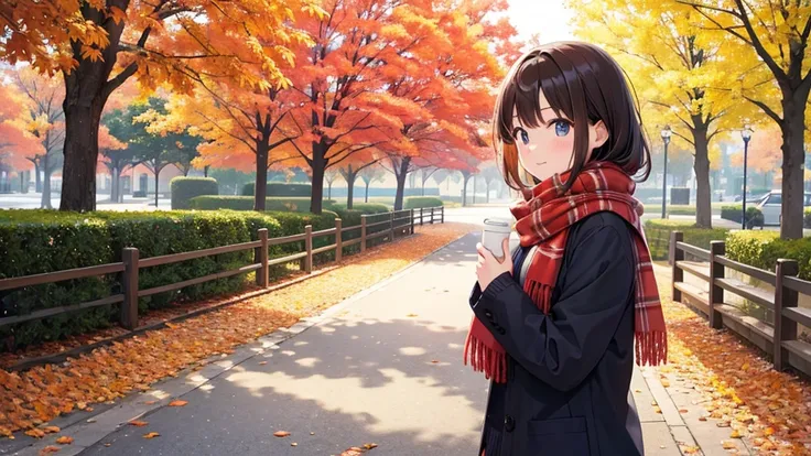 In the autumn park、Girl enjoying colorful autumn leaves。She is wearing a casual knit sweater and scarf.、I&#39;m walking slowly down a road covered with falling leaves。Holding some red and yellow leaves in his hands、Looking at them with a smile。In the surro...