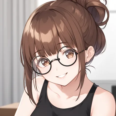 white girl, highly detailed black round glasses, black top, brown eyes, hair up, brown hair color, smiling, bangs, cartoon