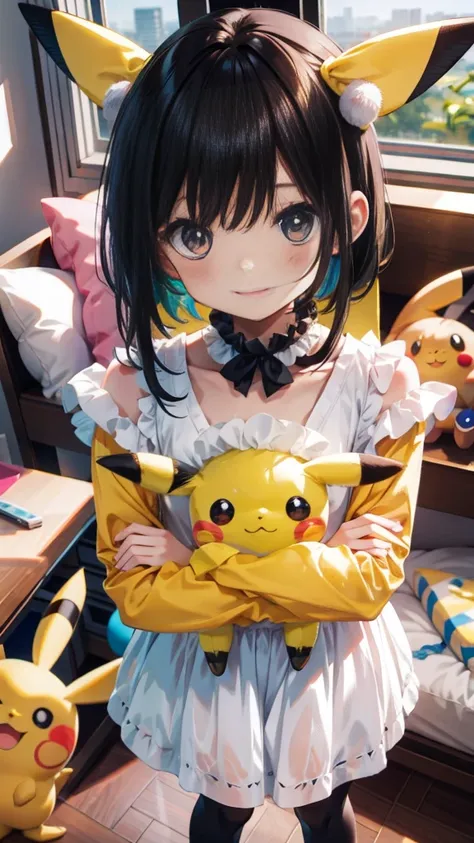 In a playful setting, a young kindergarten girl, around , is wearing an adorable Pikachu costume. The bright yellow suit is soft and fluffy, with Pikachu’s signature ears and red cheeks perfectly recreated on the hood that rests atop her head. She beams wi...