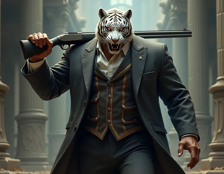 RPG, realistic tall man, a white tiger mask covering his face, metal mask, tall figure in suit and vest with white tiger mask, the mask has golden intricate embellishment designs, angry expression, holding a shotgun on his shoulder, highly detailed, stanfi...