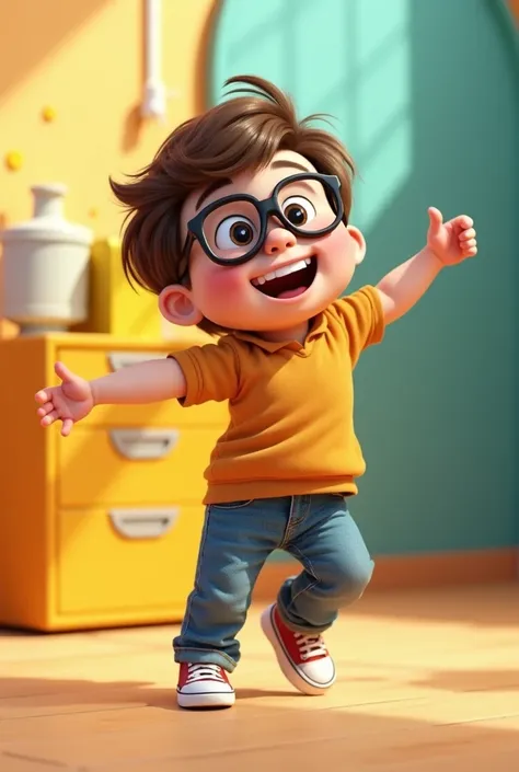 A happy smiling  boy wearing black glasses is dancing.