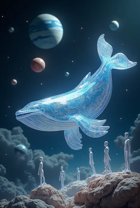 Make a whale in space with planets plus beings, make it like glass art