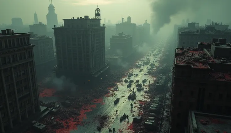 aerial view, scenery of city, but everything is man eater, flesh scattered everywhere, people mutilated everywhere.