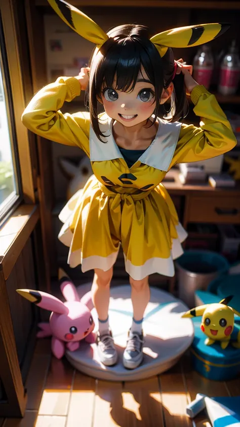 In a playful setting, a young kindergarten girl, around , is wearing an adorable Pikachu costume. The bright yellow suit is soft and fluffy, with Pikachu’s signature ears and red cheeks perfectly recreated on the hood that rests atop her head. She beams wi...