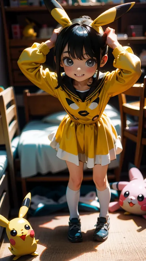 In a playful setting, a young kindergarten girl, around , is wearing an adorable Pikachu costume. The bright yellow suit is soft and fluffy, with Pikachu’s signature ears and red cheeks perfectly recreated on the hood that rests atop her head. She beams wi...